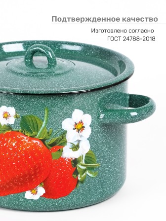 Кастрюля эмалированная 4,5 л, Стальэмаль 1с17с, Клубника садовая, изумрудный, с зерном