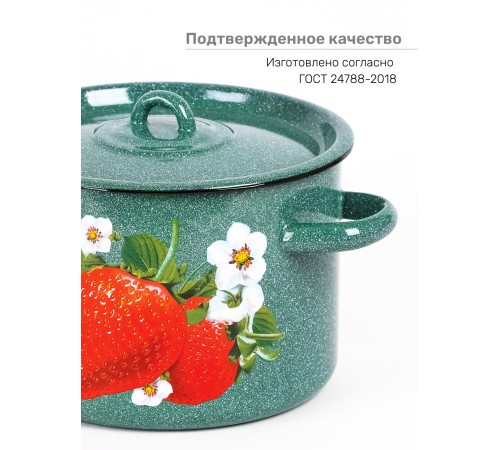 Кастрюля эмалированная 4,5 л, Стальэмаль 1с17с, Клубника садовая, изумрудный, с зерном