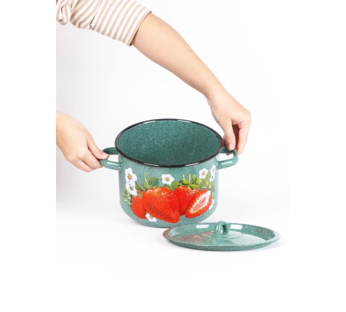 Кастрюля эмалированная 4,5 л, Стальэмаль 1с17с, Клубника садовая, изумрудный, с зерном