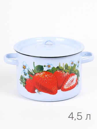 Кастрюля эмалированная 4,5 л, Стальэмаль 1с17с, Клубника садовая, серо-голубой