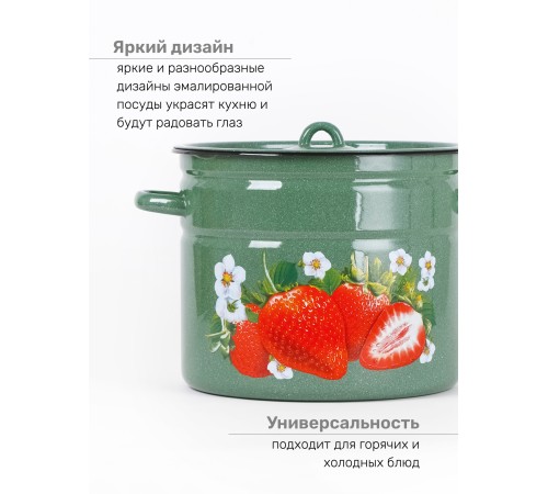 Кастрюля эмалированная 9 л, Стальэмаль 1с200с, Клубника садовая, изумрудный, с зерном