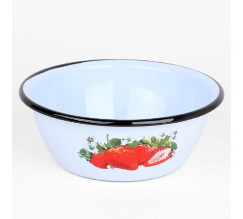 Миска эмалированная 1,5 л, Стальэмаль 1с7с, Клубника садовая, серо-голубой