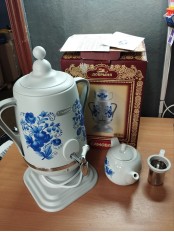 Уценка! Электрочайник-самовар Добрыня 4.0 л DO-421 гжель + керамический заварочный чайник 1.0 л 23-0937