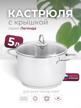 Кастрюля «Легенда» - 5,0 л, 220 мм, ТРС, КС (стеклянная крышка, зеркальная полировка, прутковые ручки)
