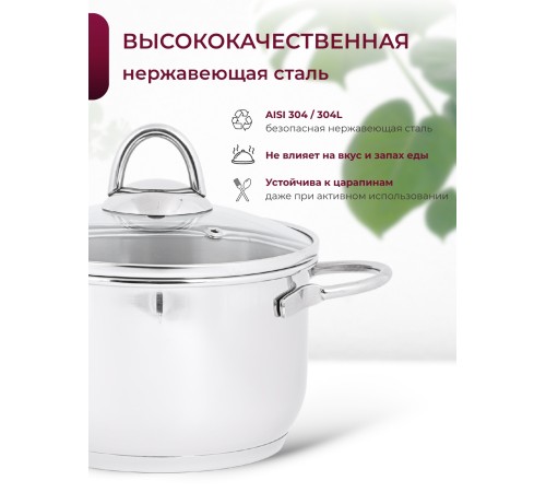 Кастрюля «Легенда» - 5,0 л, 220 мм, ТРС, КС (стеклянная крышка, зеркальная полировка, прутковые ручки)