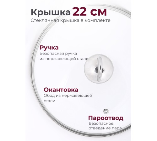 Кастрюля «Легенда» - 5,0 л, 220 мм, ТРС, КС (стеклянная крышка, зеркальная полировка, прутковые ручки)