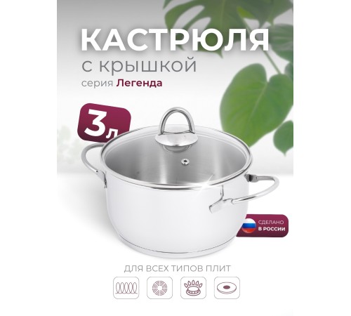 Кастрюля «Легенда» - 3,0 л, 200 мм, ТРС, КС (стеклянная крышка, зеркальная полировка, прутковые ручки)