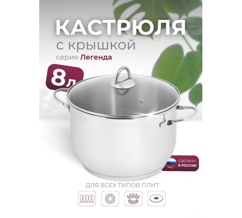 Кастрюля «Легенда» - 8,0 л, 260 мм, ТРС, КС (стеклянная крышка, зеркальная полировка, прутковые ручки)