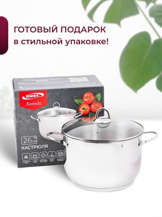 Кастрюля «Легенда» - 8,0 л, 260 мм, ТРС, КС (стеклянная крышка, зеркальная полировка, прутковые ручки)