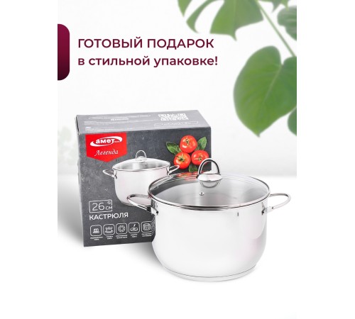 Кастрюля «Легенда» - 8,0 л, 260 мм, ТРС, КС (стеклянная крышка, зеркальная полировка, прутковые ручки)