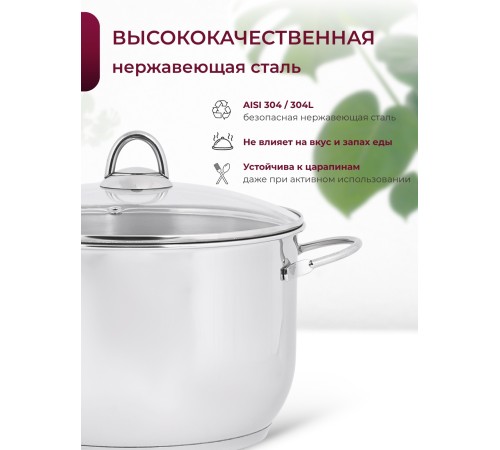 Кастрюля «Легенда» - 8,0 л, 260 мм, ТРС, КС (стеклянная крышка, зеркальная полировка, прутковые ручки)