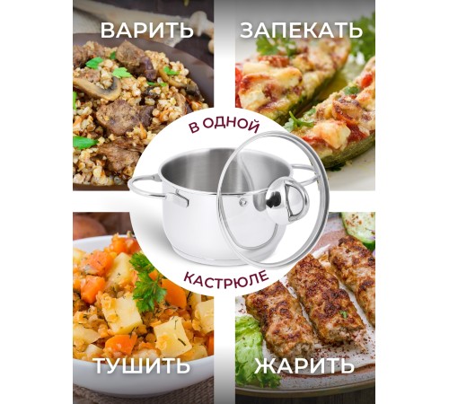 Кастрюля «Легенда» - 1,75 л, 160 мм, ТРС, КС (стеклянная крышка, зеркальная полировка, прутковые ручки)