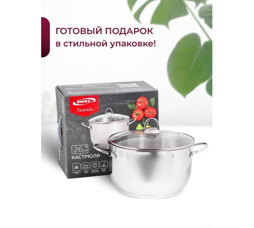 Кастрюля «Легенда» - 7,0 л, 260 мм, ТРС, КС (стеклянная крышка, зеркальная полировка, прутковые ручки)