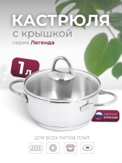 Кастрюля «Легенда» - 1,0 л, 160 мм, ТРС, КС (стеклянная крышка, зеркальная полировка, прутковые ручки)