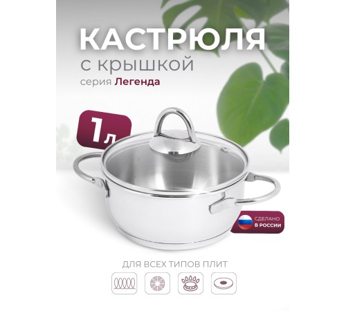 Кастрюля «Легенда» - 1,0 л, 160 мм, ТРС, КС (стеклянная крышка, зеркальная полировка, прутковые ручки)