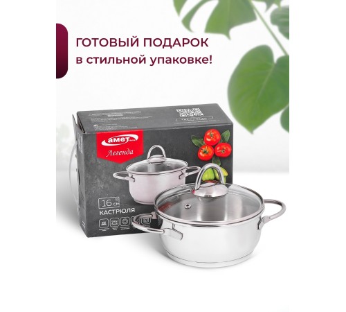 Кастрюля «Легенда» - 1,0 л, 160 мм, ТРС, КС (стеклянная крышка, зеркальная полировка, прутковые ручки)