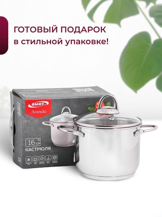 Кастрюля «Легенда» - 2,25 л, 160 мм, ТРС, КС (стеклянная крышка, зеркальная полировка, прутковые ручки)