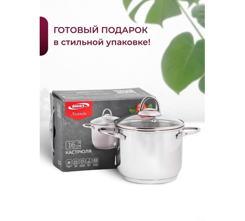 Кастрюля «Легенда» - 2,25 л, 160 мм, ТРС, КС (стеклянная крышка, зеркальная полировка, прутковые ручки)