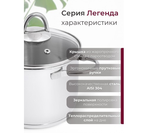 Кастрюля «Легенда» - 2,25 л, 160 мм, ТРС, КС (стеклянная крышка, зеркальная полировка, прутковые ручки)