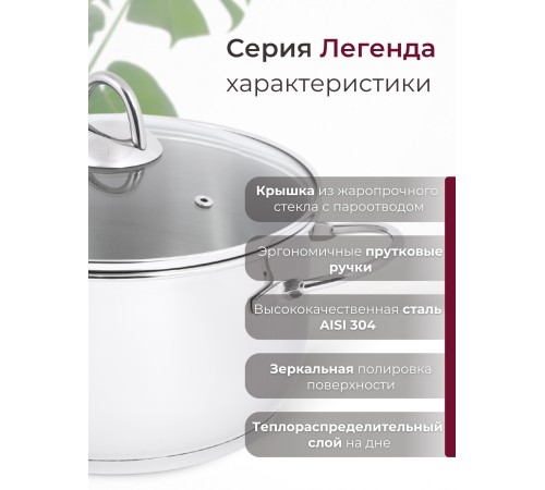 Кастрюля «Легенда» - 4,0 л, 220 мм, ТРС, КС (стеклянная крышка, зеркальная полировка, прутковые ручки)