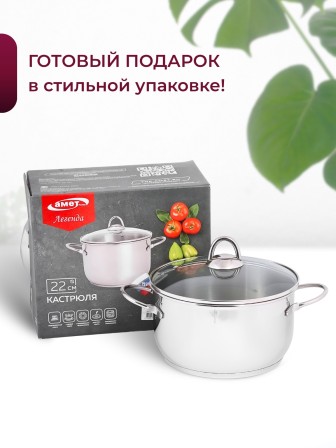 Кастрюля «Легенда» - 4,0 л, 220 мм, ТРС, КС (стеклянная крышка, зеркальная полировка, прутковые ручки)