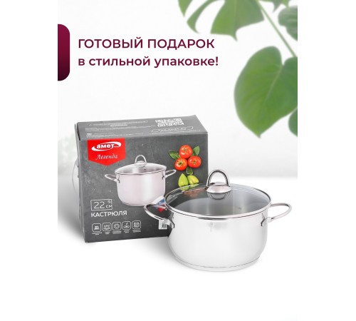 Кастрюля «Легенда» - 4,0 л, 220 мм, ТРС, КС (стеклянная крышка, зеркальная полировка, прутковые ручки)