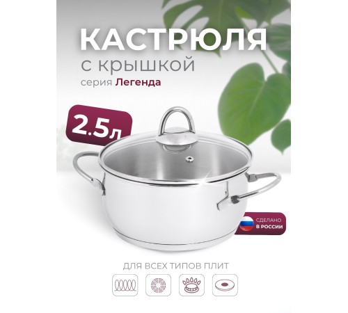 Кастрюля «Легенда» - 2,5 л, 200 мм, ТРС, КС (стеклянная крышка, зеркальная полировка, прутковые ручки)