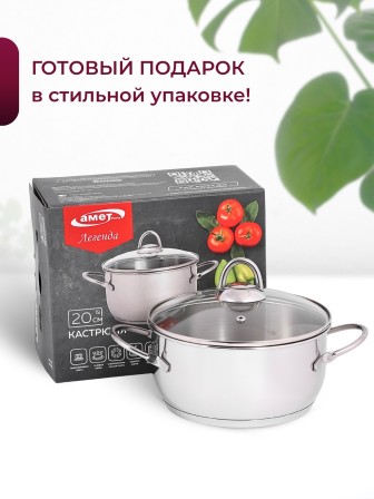 Кастрюля «Легенда» - 2,5 л, 200 мм, ТРС, КС (стеклянная крышка, зеркальная полировка, прутковые ручки)