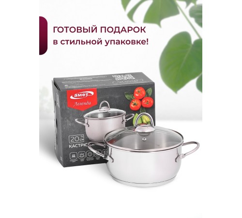 Кастрюля «Легенда» - 2,5 л, 200 мм, ТРС, КС (стеклянная крышка, зеркальная полировка, прутковые ручки)