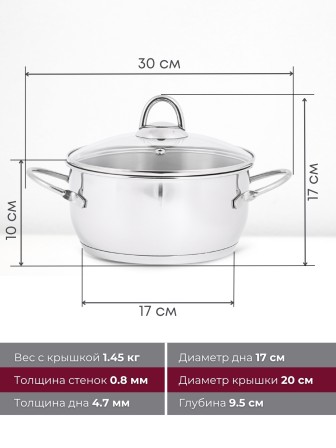 Кастрюля «Легенда» - 2,5 л, 200 мм, ТРС, КС (стеклянная крышка, зеркальная полировка, прутковые ручки)