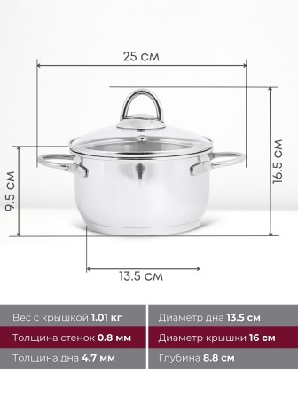 Кастрюля «Легенда» - 1,5 л, 160 мм, ТРС, КС (стеклянная крышка, зеркальная полировка, прутковые ручки)