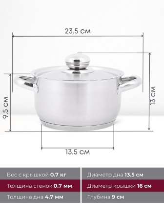 Кастрюля «Прима» (сатин) - 1,5 л, 160 мм, ТРС, КМ (металлическая крышка, матовая полировка, объемными ручками)