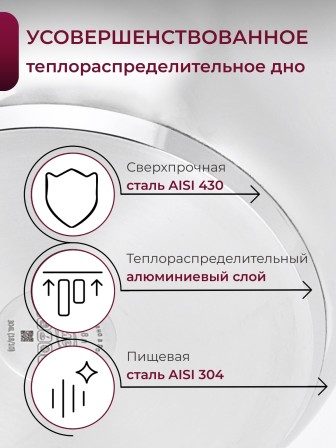 Кастрюля «Прима» (сатин) - 2,5 л, 200 мм, ТРС, КМ (металлическая крышка, матовая полировка, объемными ручками)