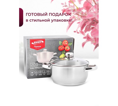 Кастрюля «Прима» (сатин) - 2,5 л, 200 мм, ТРС, КС (стеклянная крышка, матовая полировка, объемными ручками)