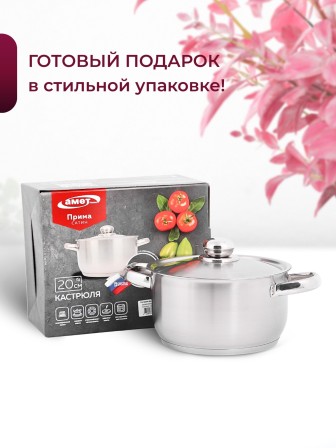 Кастрюля «Прима» (сатин) - 3,0 л, 200 мм, ТРС, КМ (металлическая крышка, матовая полировка, объемными ручками)