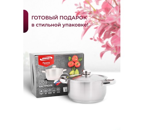 Кастрюля «Прима» (сатин) - 3,0 л, 200 мм, ТРС, КМ (металлическая крышка, матовая полировка, объемными ручками)