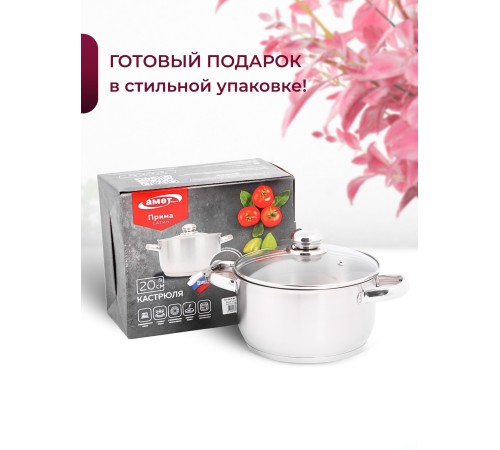 Кастрюля «Прима» (сатин) - 3,0 л, 200 мм, ТРС, КС (стеклянная крышка, матовая полировка, объемными ручками)