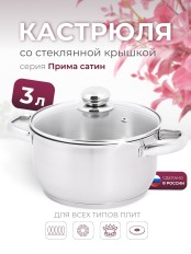 Кастрюля «Прима» (сатин) - 3,0 л, 200 мм, ТРС, КС (стеклянная крышка, матовая полировка, объемными ручками)