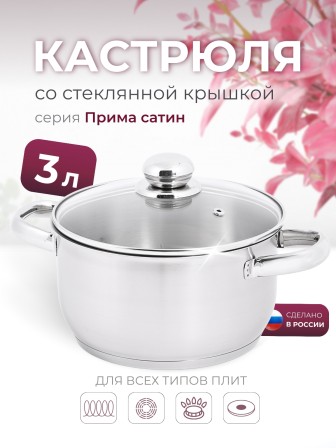 Кастрюля «Прима» (сатин) - 3,0 л, 200 мм, ТРС, КС (стеклянная крышка, матовая полировка, объемными ручками)
