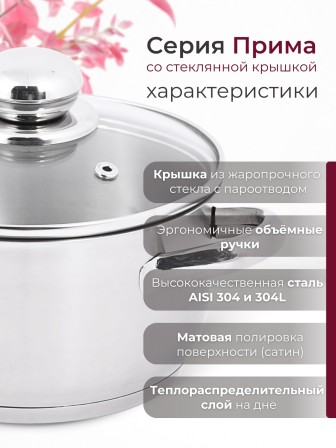 Кастрюля «Прима» (сатин) - 3,0 л, 200 мм, ТРС, КС (стеклянная крышка, матовая полировка, объемными ручками)