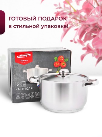 Кастрюля «Прима» (сатин) - 4,5 л, 220 мм, ТРС, КМ (металлическая крышка, матовая полировка, объемными ручками)