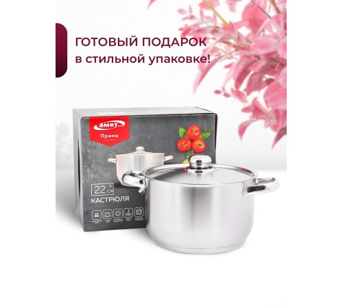 Кастрюля «Прима» (сатин) - 4,5 л, 220 мм, ТРС, КМ (металлическая крышка, матовая полировка, объемными ручками)