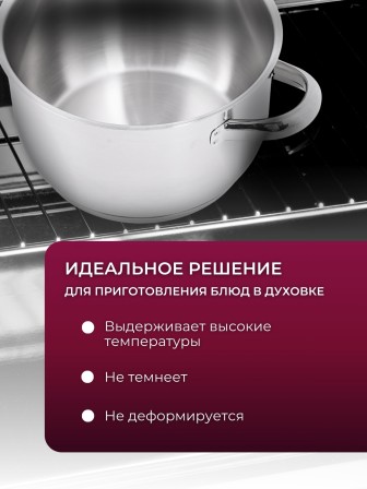 Кастрюля «Прима» (сатин) - 4,5 л, 220 мм, ТРС, КС (стеклянная крышка, матовая полировка, объемными ручками)
