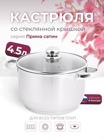 Кастрюля «Прима» (сатин) - 4,5 л, 220 мм, ТРС, КС (стеклянная крышка, матовая полировка, объемными ручками)