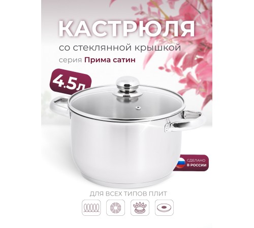 Кастрюля «Прима» (сатин) - 4,5 л, 220 мм, ТРС, КС (стеклянная крышка, матовая полировка, объемными ручками)