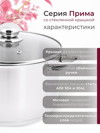 Кастрюля «Прима» (сатин) - 4,5 л, 220 мм, ТРС, КС (стеклянная крышка, матовая полировка, объемными ручками)