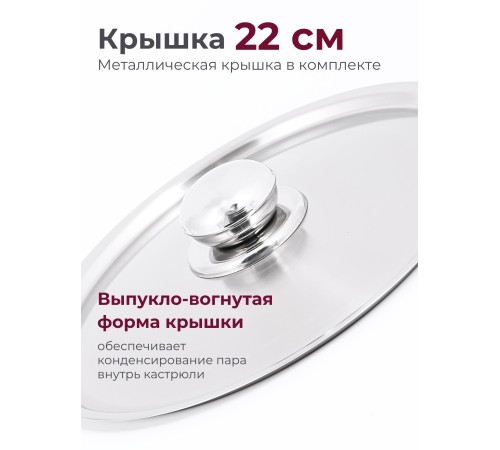 Кастрюля «Прима» (сатин) - 5,0 л, 220 мм, ТРС, КМ (металлическая крышка, матовая полировка, объемными ручками)