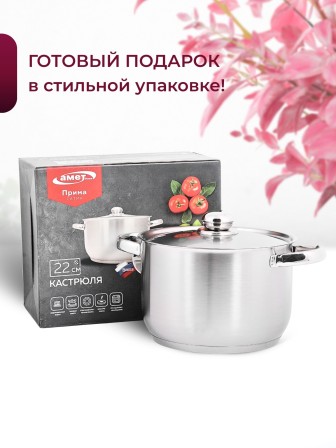 Кастрюля «Прима» (сатин) - 5,0 л, 220 мм, ТРС, КМ (металлическая крышка, матовая полировка, объемными ручками)