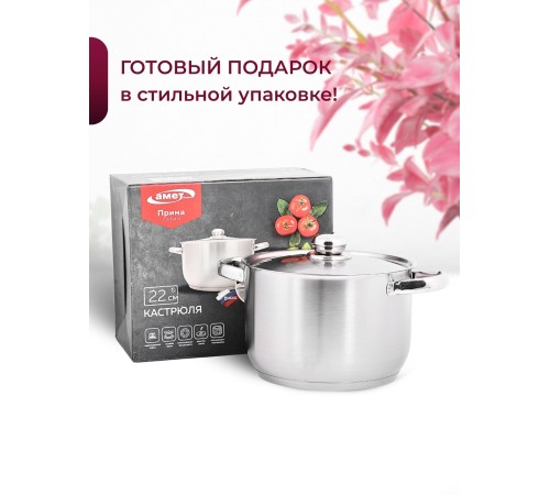 Кастрюля «Прима» (сатин) - 5,0 л, 220 мм, ТРС, КМ (металлическая крышка, матовая полировка, объемными ручками)