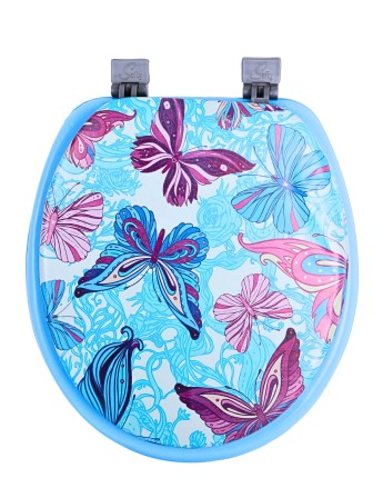 Сиденье для унитаза мягкое голубое с рисунком красные и голубые бабочки над голубыми цветами